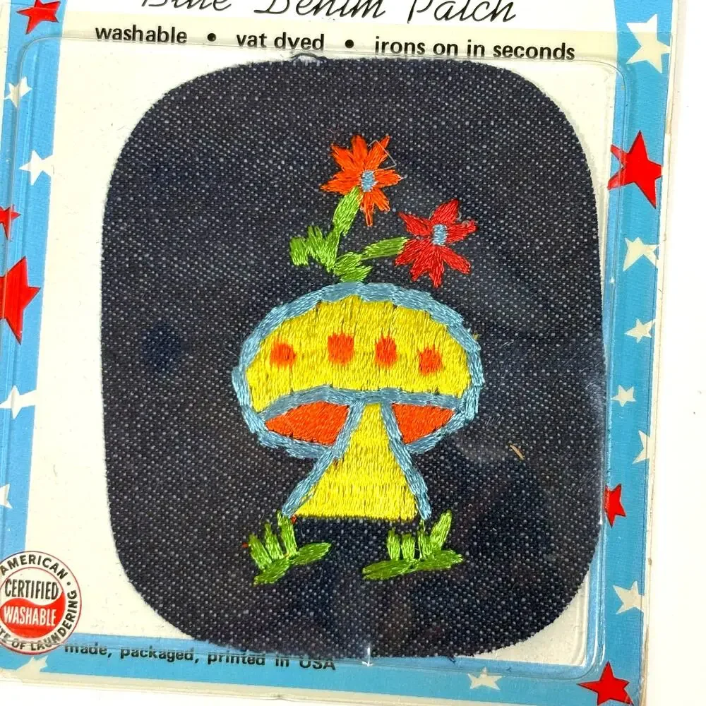 Mushroom Denim Patch 70s Iron-On Embroidered USA New Flower Retro Hippie